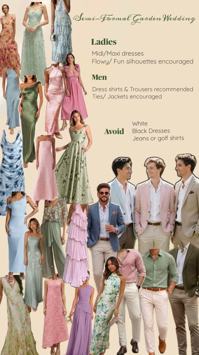 Our attire inspiration board for a semi-formal garden wedding: midi and maxi dresses in sage, blush, lavender, powder blue, and florals, and men in dress shirts and trousers with light suits or blazers. Ladies: midi or maxi dresses, flowy and fun silhouettes encouraged. Men: dress shirts and trousers recommended, ties and jackets encouraged. Avoid white, black dresses, and jeans or golf shirts.